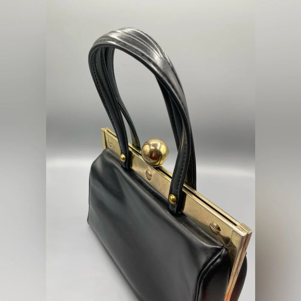 Vintage 1960s Faux Leather Handbag, Black, Ball Clasp, Framed, Art Deco